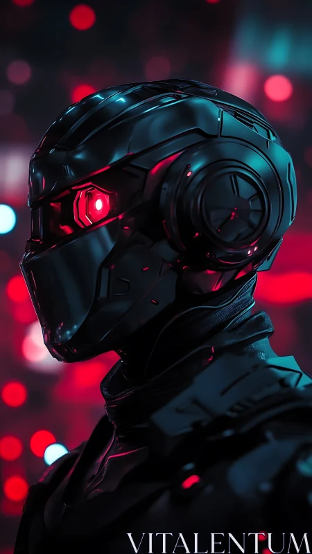 Helmeted robotic profile is rendered with red bokeh lighting