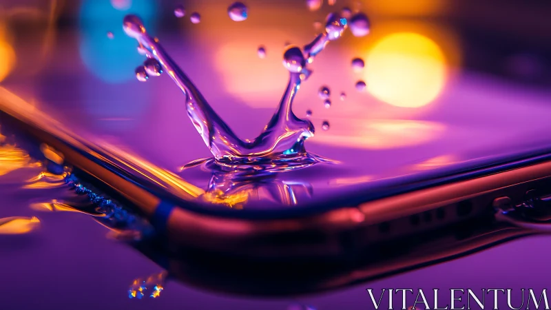 Neon water splash erupts over smartphone in vivid close-up