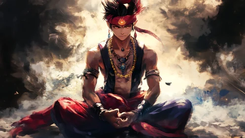 Fire-kissed warrior meditates in a storm of swirling light.