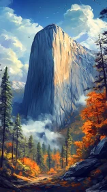 Towering granite monolith above vivid autumn forest valley.