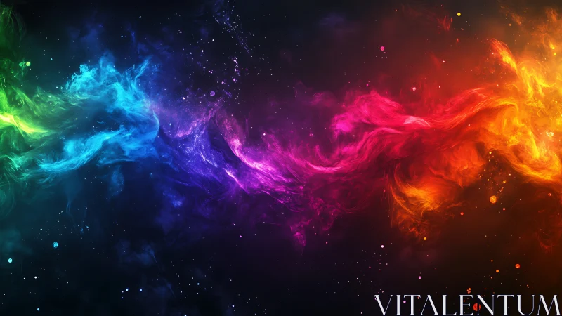 Vibrant cosmic color wave flows across a dark starry void