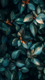 Teal foliage and copper leaves create a moody forest tapestry.