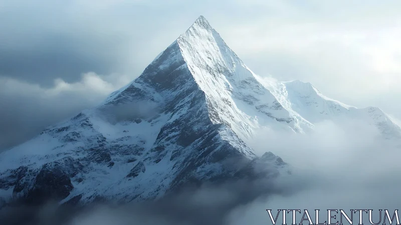 Snow covered mountain peak emerging through low clouds.