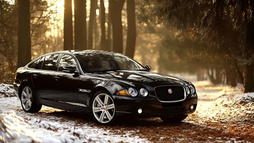 Black luxury sedan parked on snowy forest path at sunset.