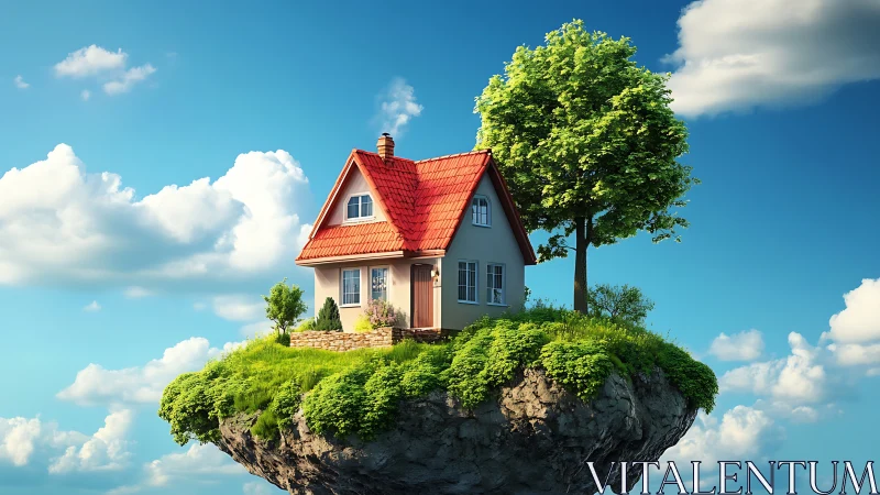 Elevated residence atop floating island with verdant canopy.