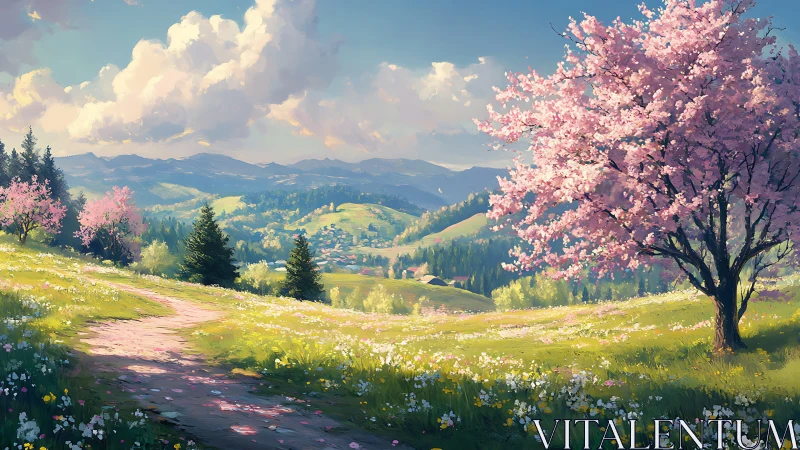 Spring hillside landscape with blooming pink cherry tree.