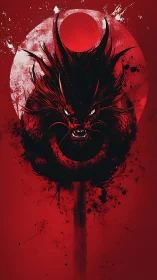 Dark dragon emblem against red moon and splatter field.