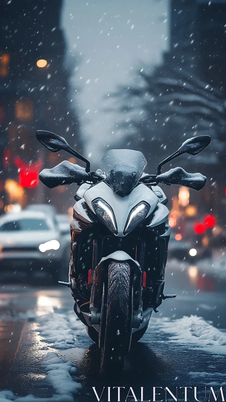 Sport motorcycle in winter snowfall on urban street at dusk.