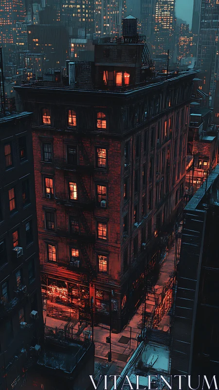 Midnight ember windows ignite a rain-slick neon city canyon.