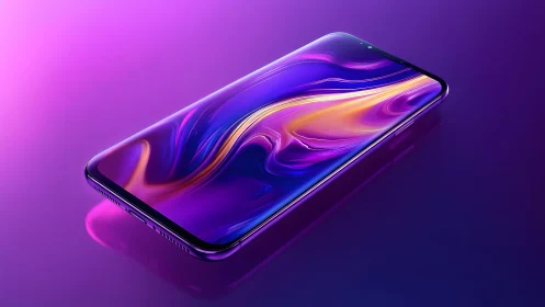 Sleek modern smartphone with vibrant abstract display on purple background.