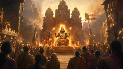 Divine temple procession under molten sunset lighting.