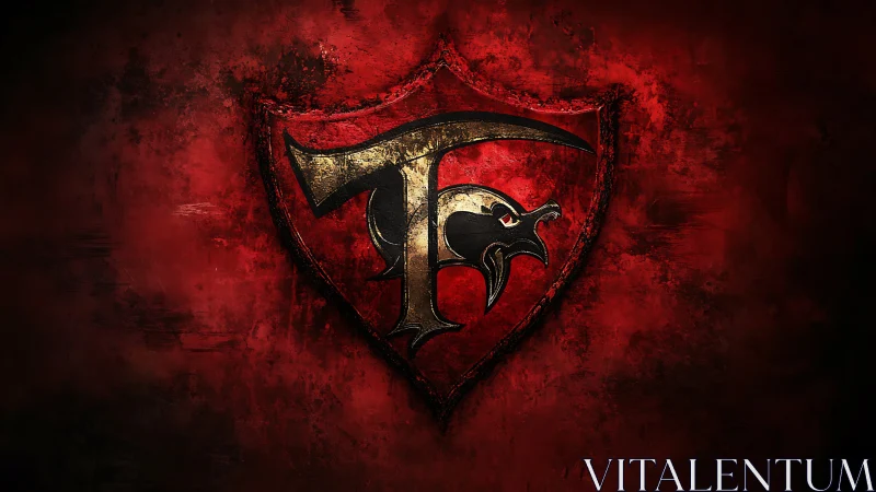 Metallic crest with stylized bird emblem on textured red field