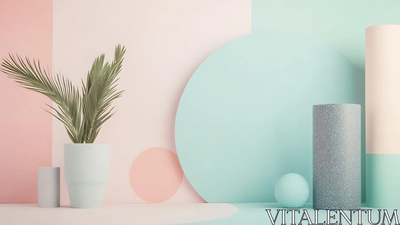 Minimal pastel still life with plant and geometric forms.