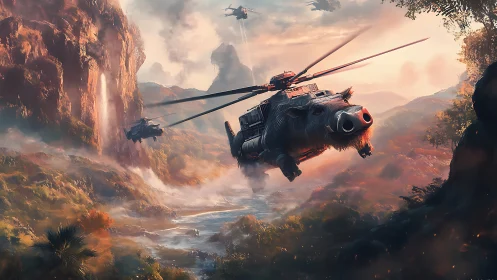 Hybrid rotorcraft resembling boar over river canyon landscape.