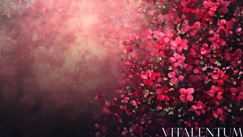 Pink flowers bloom in dreamy, romantic atmosphere.