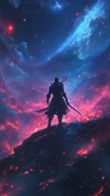 Sword-bearing wanderer over bioluminescent lava valley.