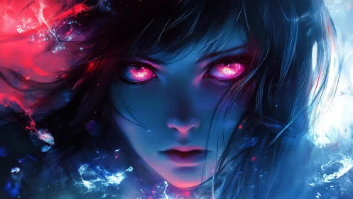 Neon-eyed cyber siren emerges from shattered cosmic light.