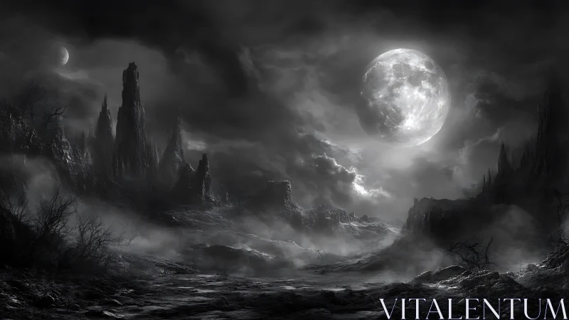 Moonlit wasteland unfolds beneath looming monolithic spires