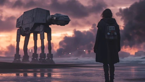 Solitary figure faces giant walker on misty war-torn beach.