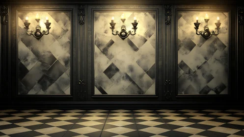 Wall panels with sconces illuminate a geometric tiled floor