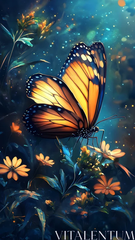 Monarch butterfly rests on stylized flowers in glowing night