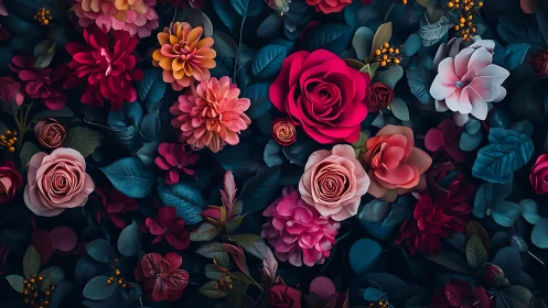 Vibrant Floral Arrangement Against Dark Teal Background.