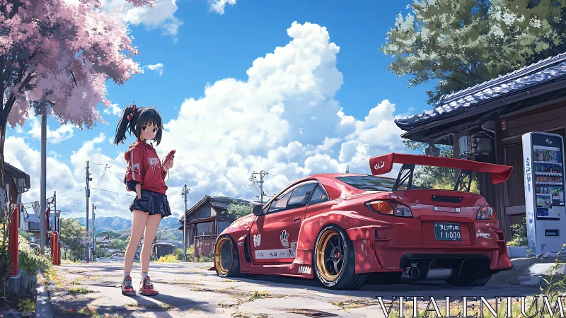 Street racer girl stands beside red sports car in spring.