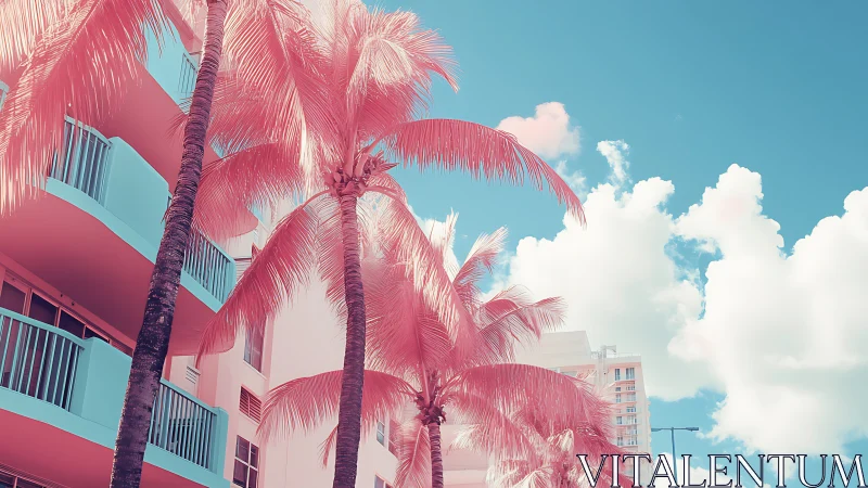 Pastel palm trees frame dreamy coastal apartments under clouds.