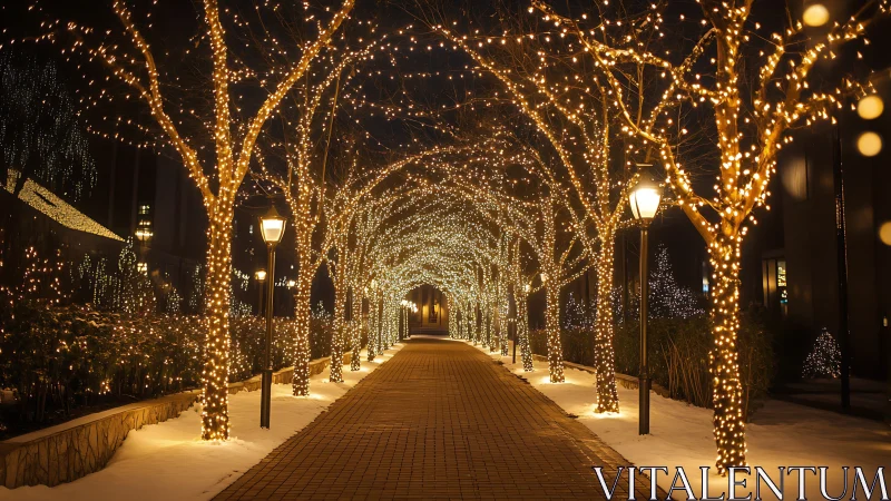 Winter avenue lined with illuminated trees forms a glowing tunnel