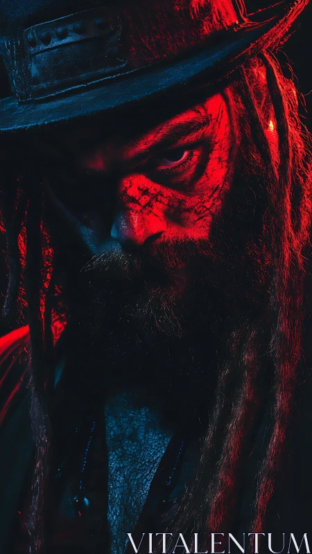 Cinematic low key portrait in red cyan split lighting study.