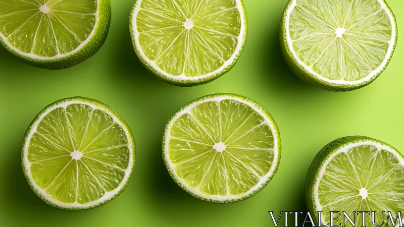 Halved lime fruits are arranged on a uniform green surface