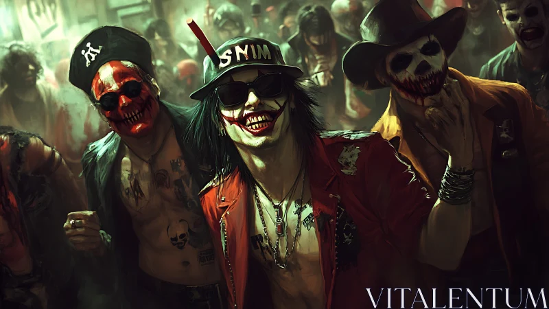 Parametric study of masked street ghouls in toxic neon haze.