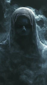 Volumetric hooded wraith emerging through particulate fog field.