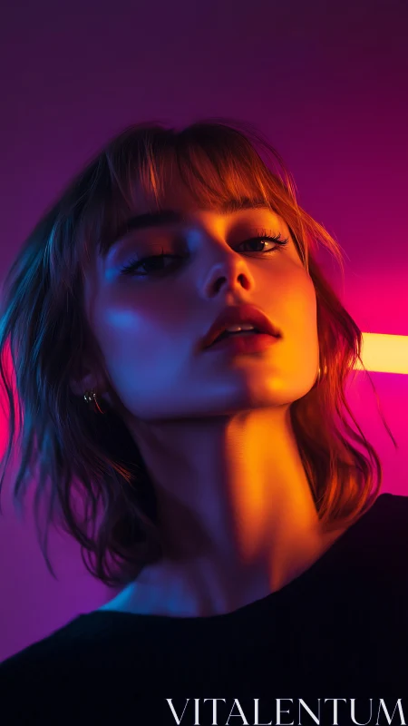Portrait under neon lighting with strong color contrast.