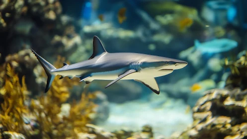 Graceful shark glides calmly through a colorful coral reef