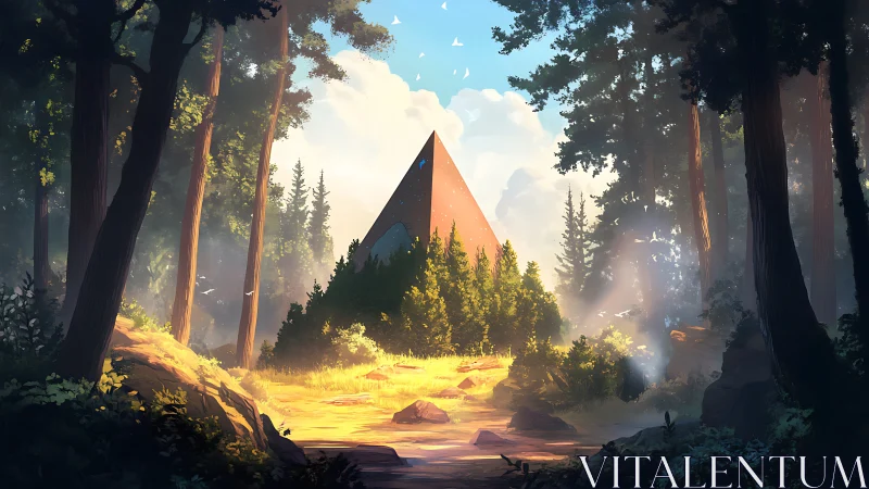 Monumental Geometric Pyramid Interior: Luminous Forest Cathedral with Warm Ambient Lighting.