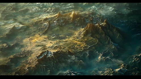 Sunlit fantasy mountains rise over a vast misty kingdom