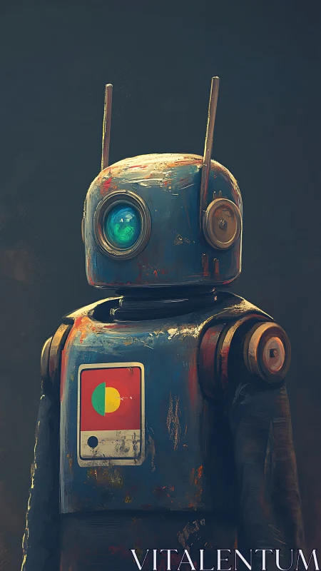 Weathered humanoid robot stands against dark neutral background