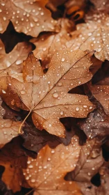 Autumn oak leaves carry rainfall droplets in shallow depth