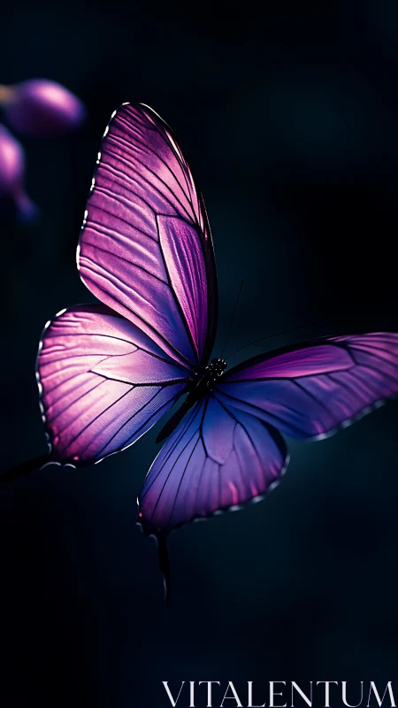 Midnight violet butterfly writes light across the silence