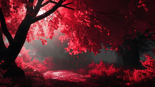 Crimson Forest Path Through Glowing Red Foliage.