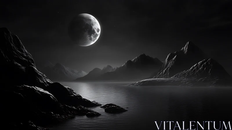 Moonlit mountain bay wrapped in calm, silvery night hush.