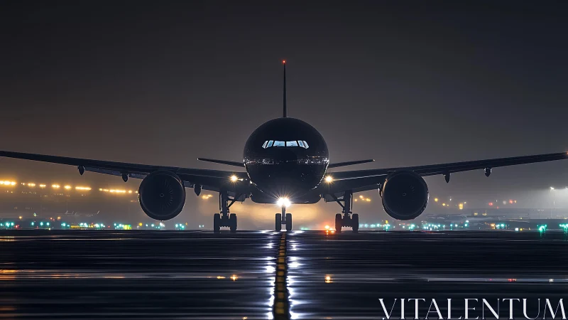 Widebody jetliner front view on wet runway at night, taxiing