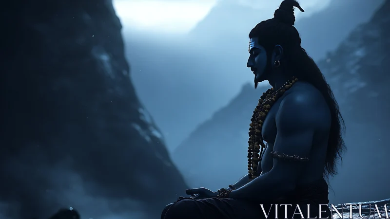 Midnight-blue ascetic meditates amid mist-veiled mountains.