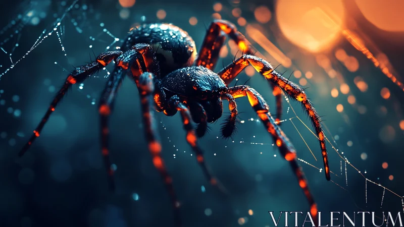 Neon dusk hunter spider prowling a jeweled raindrop web.