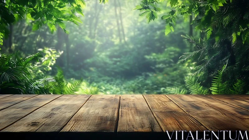Wooden Deck Overlooking Misty Forest.