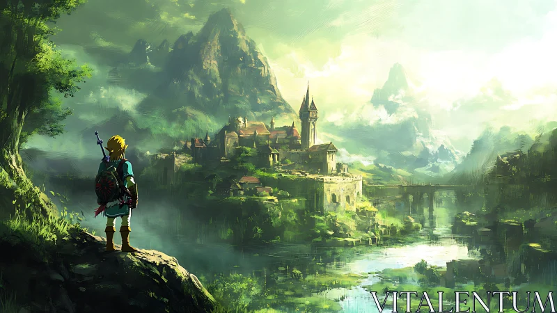 Hero overlooking fantasy castle valley landscape scene.