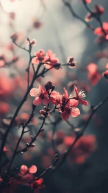 Shallow depth-of-field macro floral composition with selective focus on crimson blossoms