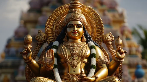 Gilded Hindu deity statue in seated pose at temple complex.
