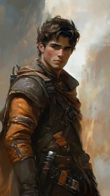 Rugged young ranger in layered leather armor under warm rim light